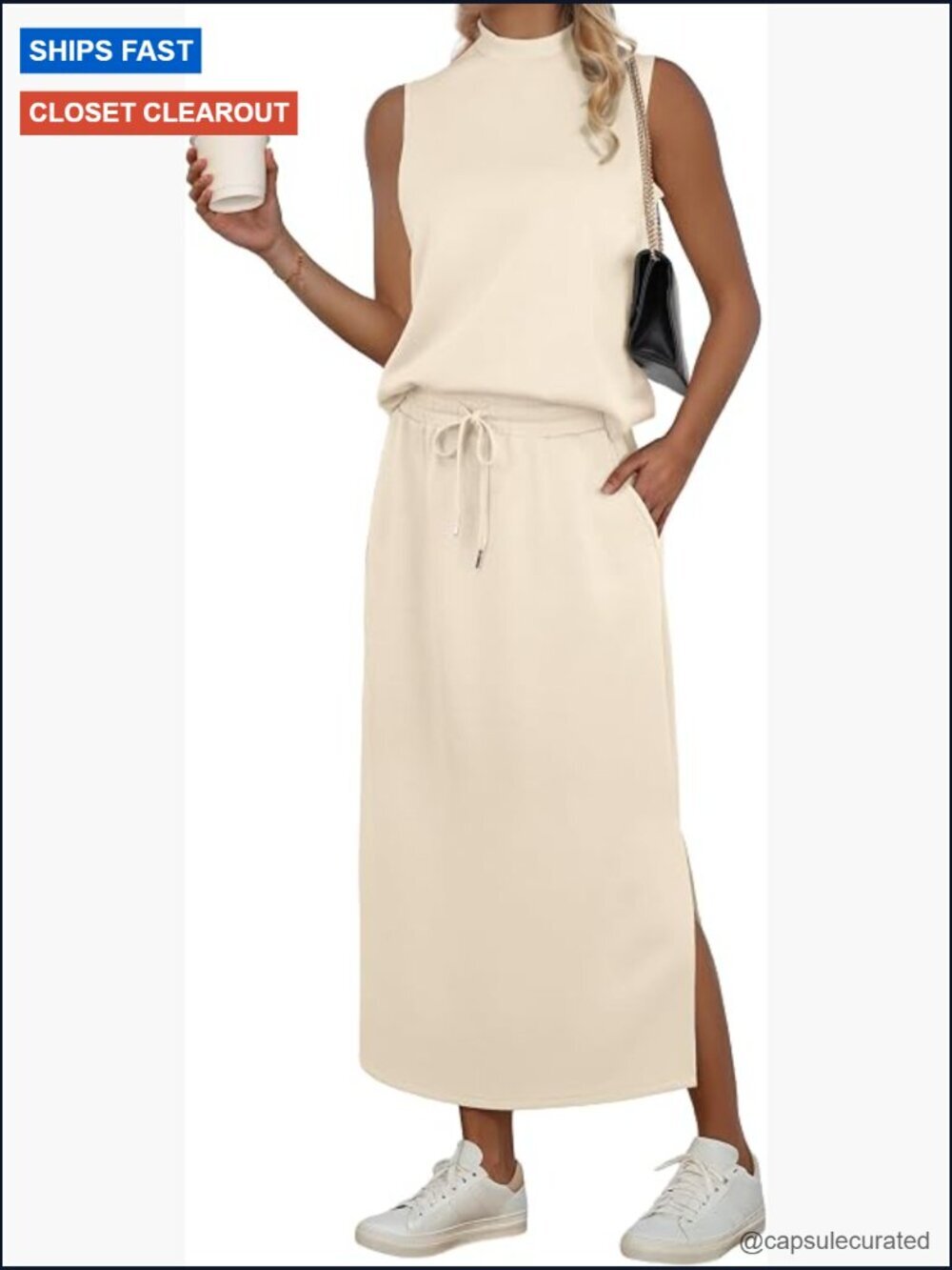 Two Piece Skirt Set Sleeveless Mock Neck Top Split Maxi Skirt with Pockets